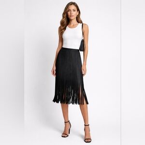 Tadashi Shoji Black Pleated Fringe Midi Skirt - Size 4 - Made in USA